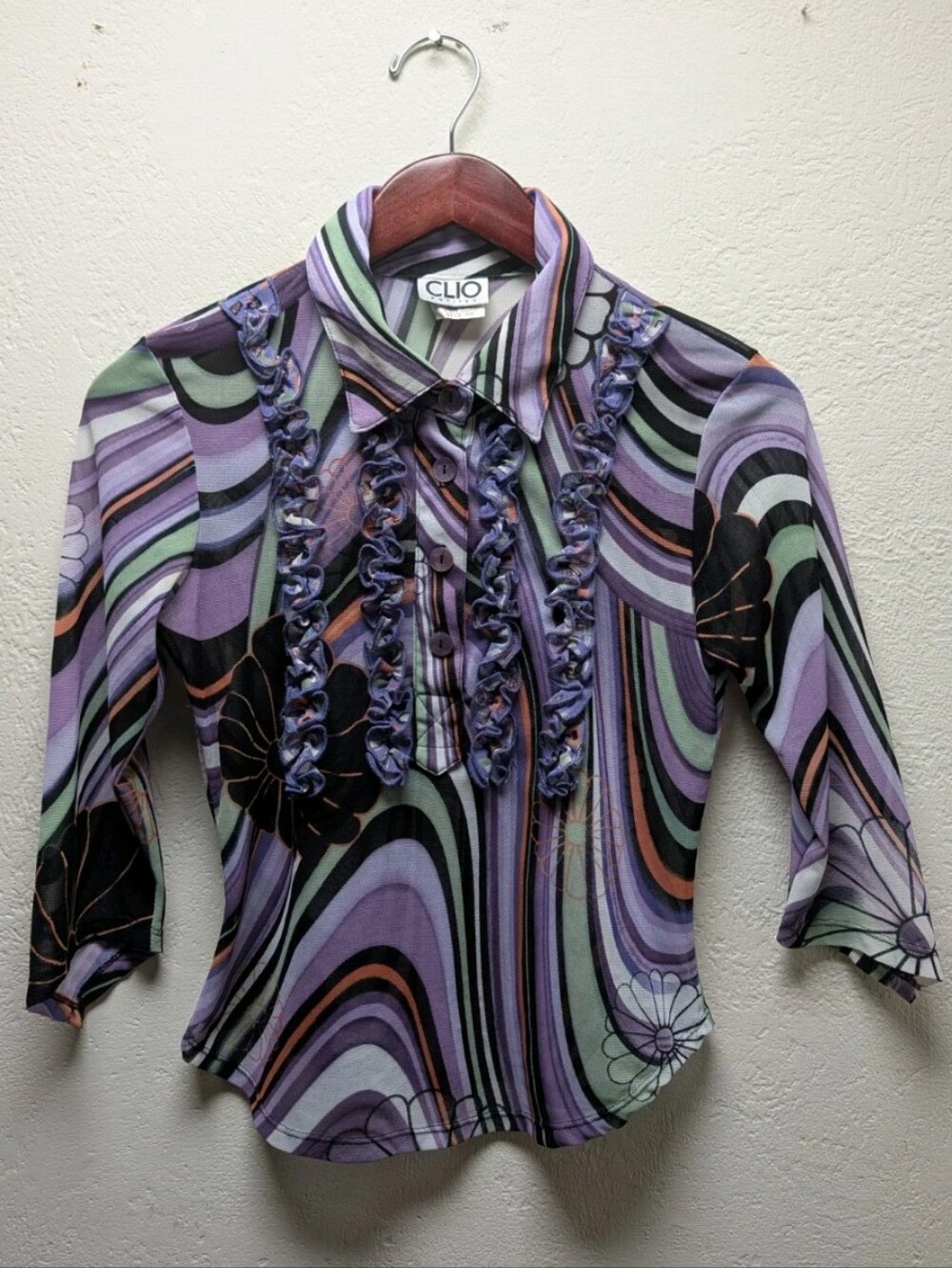 Vintage CLIO Mesh Blouse PMed. Purple Psychedelic Ruffle Swirl Y2K Whimsygoth